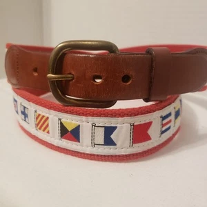 Leather Man Ltd Belt Sz 40 Nautical Flags Hand Made Essex CT USA Brass Buckle - Picture 1 of 18