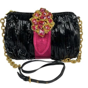 Miu Miu Rhinestone Pink Metallic Patent Gathered Chain Link Clutch Snap Purse - Picture 1 of 16