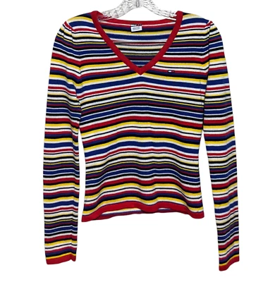 Винтажный Y2K Tommy Hilfiger в полоску свитер женщин маленький цветной ретро Топ 2002 - Изображение 1 из 4