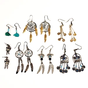 Vintage Handmade Turquoise Beaded Feather Swirl Dangle Earrings - 7-Set Lot - Picture 1 of 9