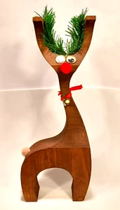 VTG Wooden Deer Figurine Danish MCM Christmas Handmade 12" Teak Googly Eyes Bow - Picture 1 of 6