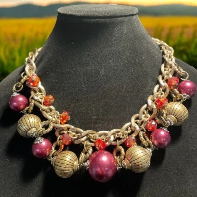 Grueso Collar Distintivo Tono Dorado Cuentas Rojas Audaz Retro Boho Chic Festival Foto 1 de 4