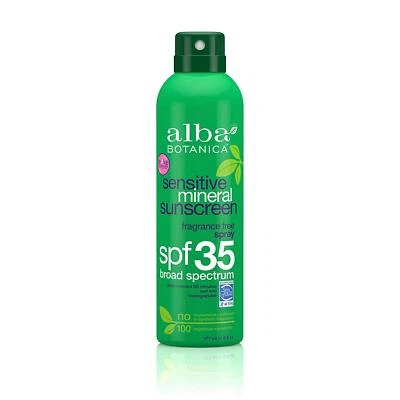 Spray bloqueador de protector solar mineral sensible Alba Botanica 35 FPS 6 OZ protección de la piel Foto 1 de 2