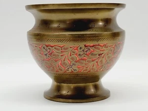 Vintage Solid Brass 4" Ornate Enameled Inlay Footed Bowl/Vase - Picture 1 of 12