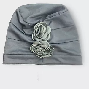 Women's Head Scarf Hat Turban Solid Gray Pull On Ruched Flower Hair Loss Boho - Picture 1 of 3