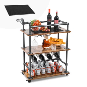 Rolling Kitchen Metal Utility Cart Bar Serving Cart with Wine Rack, Glass Holder - Picture 1 of 7