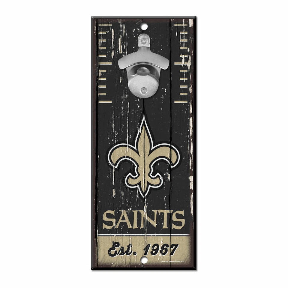 NEW ORLEANS SAINTS BOTTLE OPENER SIGN 5"X11" HARDBOARD W/ CAST METAL OPENER  - Image 1 of 1