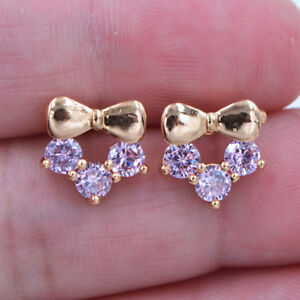 18K Yellow Gold Filled Girls Cute Bowknot Pink Topaz Stud Earrings Jewelry