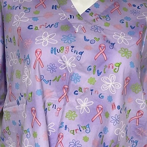 Pink Ribbon Flowers Loving Nurse Scrub Top 2 pocket Purple Green White Size 2XL - Picture 1 of 8