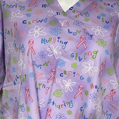 Pink Ribbon Flowers Loving Nurse Scrub Top 2 pocket Purple Green White Size 2XL - Image 1 of 4