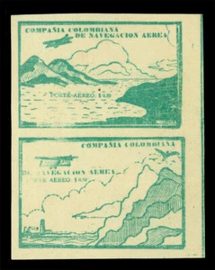 COLOMBIA 1920 AIRMAIL Plane over Mountains 10c green Scott C11A+B setenant PAIR - Picture 1 of 2
