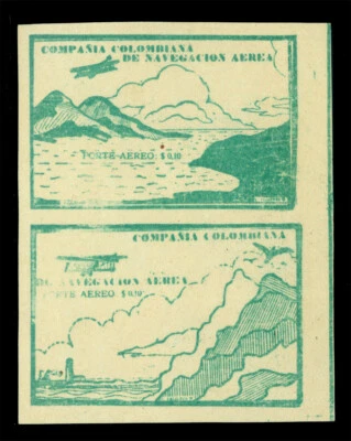 COLOMBIA 1920 AIRMAIL Plane over Mountains 10c green Scott C11A+B setenant PAIR  - Image 1 of 2