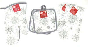 Christmas Snowflakes Glitter Kitchen Oven Mitt Towel Pot Holders 5 Pc - Picture 1 of 4