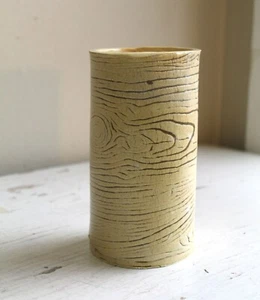 Studio Pottery Art Vase Hand Built Slab Tube Stamped Faux Bois Print Beige 6.25" - Picture 1 of 7
