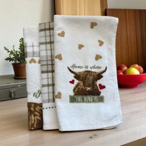 Pack de 3 toallas de té Highland Cow 100 % algodón paño de cocina - Imagen 1 de 4