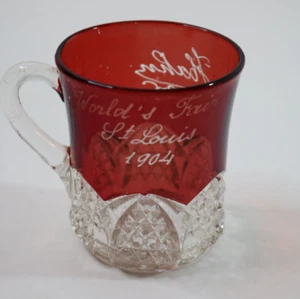 Souvenir Worlds Fair St Louis Mug Cup 1904 Ruby Stained Pressed Glass - Picture 1 of 8