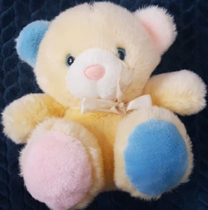 Vintage Teddy Bear soft toy rattle cream yellow pink blue AI Network Ltd NO CE - Picture 1 of 9