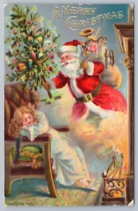 P. Sander Weihnachtsmann Geschenke kleines Mädchen schläft am Feuer Weihnachten Postkarte um 1908 - Bild 1 von 2
