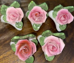 5 Vintage Germany Dresden porcelain PINK ROSE place card holders Green And Pink - Picture 1 of 4