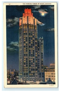 1941 The Tribune Tower at Night Chicago IL, Illinois frühe Postkarte - Bild 1 von 2