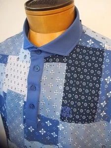 Polo patchwork bandana blu ardesia tessuto performance G/FORE nuova con etichetta XL $120 - Foto 1 di 15