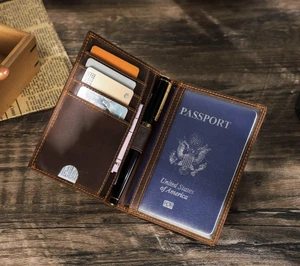 Rfid Blocking Leather Passport Cover Holder Travel Wallet With Credit Card Pen - Picture 1 of 8