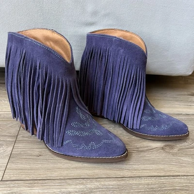 Botines occidentales Dingo para mujer enredados al tobillo 7 botas de gamuza ciruela flecos con tacón Foto 1 de 4