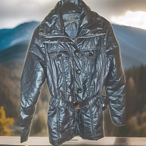 New View tolle Jacke, Übergang Metallic Look blau Gürtel Gr. 38 Topzustand - Bild 1 von 7