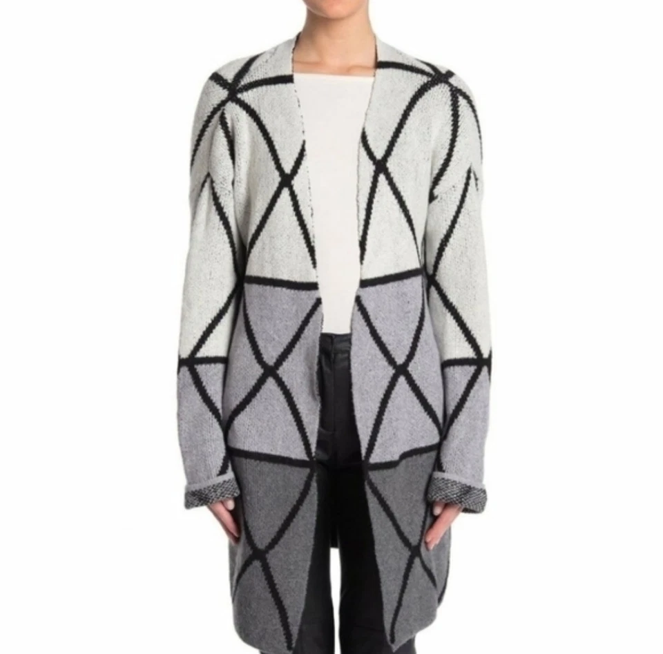 Joseph a Open Long Cardigan Sweater Top M Ombre Grid Gray Multi B71