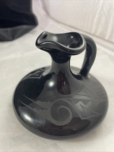 Native American Pottery Black Ware Squat Pitcher Cedar Mesa Pottery Signed LVA - Picture 1 of 7