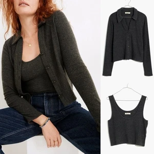 Madewell Brushed Ribbed Cardigan Tank 2-pc Matching Twin Set Grey XS/S - Picture 1 of 16