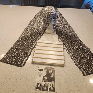Miss Venida Vintage Mantilla Stole Black Lace Head Scarf 66x8.5" Ad & Box 1950s - Picture 1 of 6