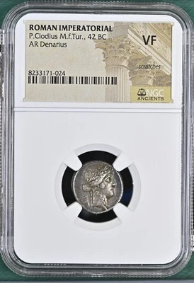 Roman Imperatorial P. Clodius M.f. Tur. (42 BC). AR denarius NGC VF (scratches) - Image 1 of 4