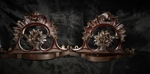 PAIR ANTIQUE ORNATELY CARVED WOOD WALL SHELF BRACKETS UNUSUAL DESIGN - Picture 1 of 7