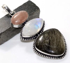 Silver Obsidian Rainbow Moonstone 925 Silver Plated Long Pendant 3" GW - Picture 1 of 3