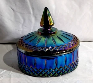 Indiana Princess Blue Carnival Glass Iridescent Round Candy Dish w/Lid - Picture 1 of 7
