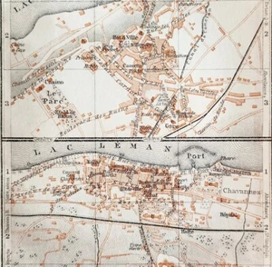 Map Thonon And Evian Southern France Rare 1914 Lithograph WW1 Streets DWAA20B - Picture 1 of 2