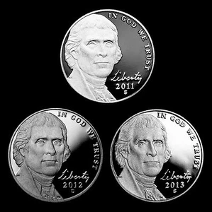 2011 + 2012 + 2013 S Jefferson Proof Nickels ~ U.S. Mint Proof ~ Set of Three  - Picture 1 of 2