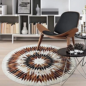 New Handmade HairOn Fur Leather Cowhide Round Rug Cow Skin Carpet Patchwork Area - Picture 1 of 4