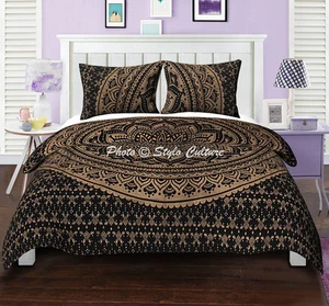 Indian Duvet Cover Black Queen Cotton Gold Bohemian Ethnic Doona Cover Floral - Picture 1 of 3