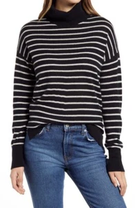 New Halogen Cashmere Turtleneck Sweater in Black/White Stripe Size M - Picture 1 of 9