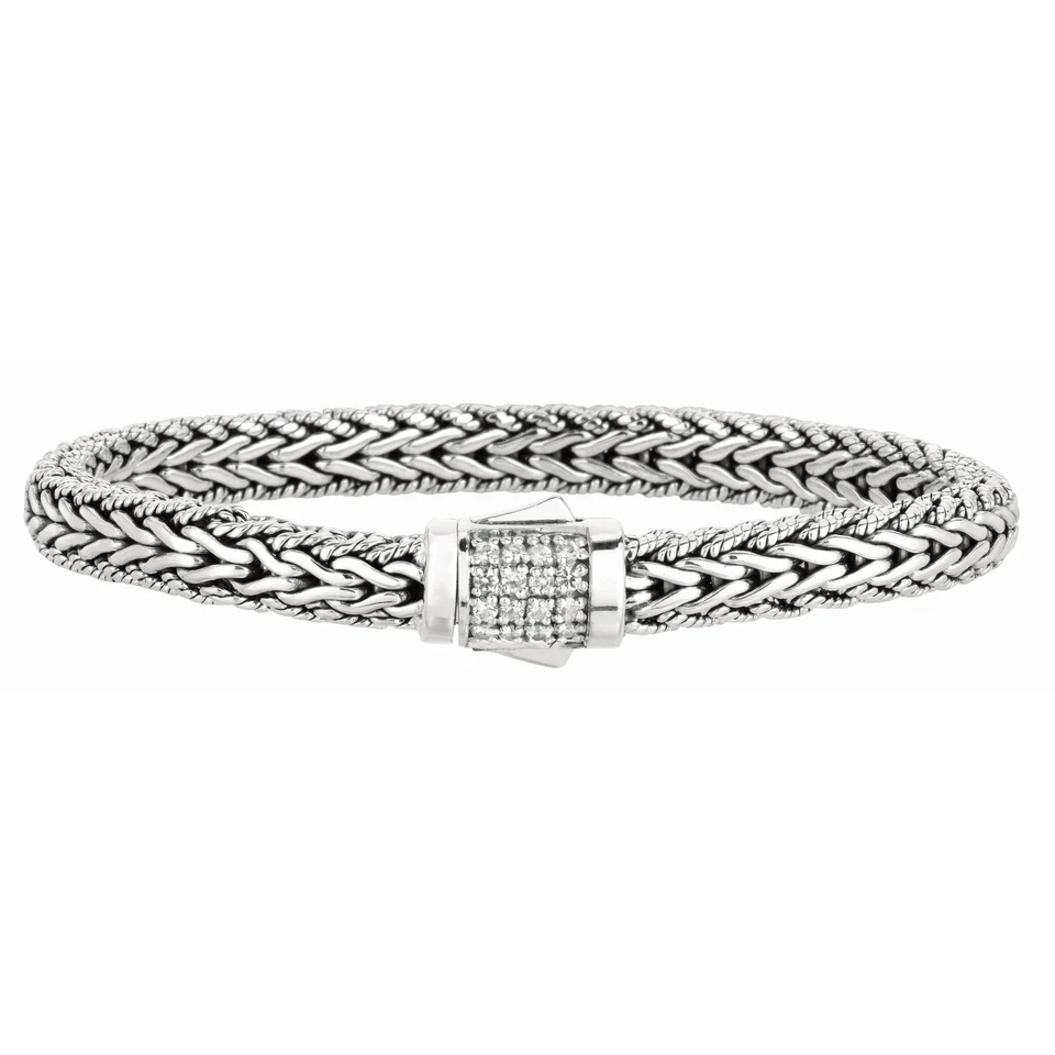 Brazalete de diseñador con cierre de zafiro blanco tejido de plata de ley Foto 1 de 1
