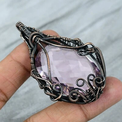Pink Kunzite Wire Wrapped Pendant Handcrafted Copper Unique Jewelry 2.76" - Image 1 of 4