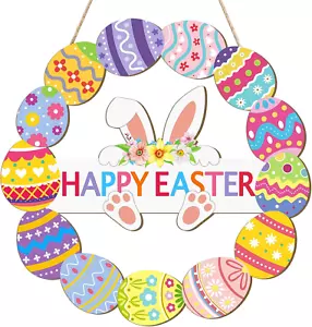 Wooden Easter Decoration Door Wreath for Front Door Sign Wall Signs Rabbit Sprin - Picture 1 of 12