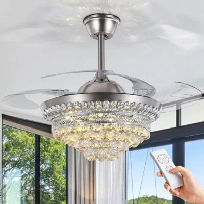 42” Crystal Ceiling Fan Light Retractable Blades LED Chandelier w/Remote Control - Image 1 of 4