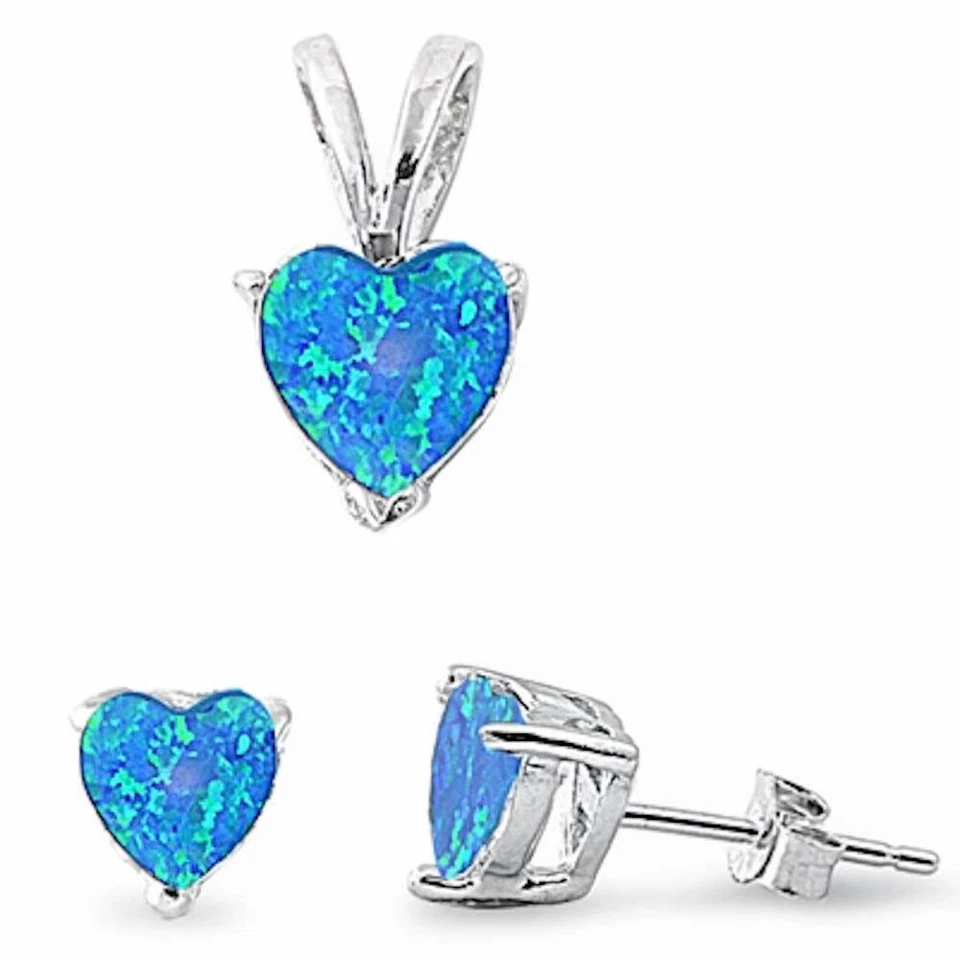 Blue Fire Opal Heart .925 Sterling Silver Earring & Pendant Set - Image 1 of 2