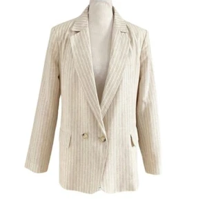 NWOT OUI BEIGE WHITE STRIPED LINEN BLEND DOUBLE BREASTED BLAZER - 10 - Picture 1 of 10