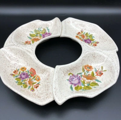 Vintage California Lazy Susan Speckled Floral 2 piece Ceramic - Image 1 of 4