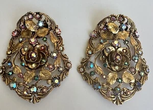MAGNIFICENT VINTAGE RUNWAY SHOE CLIPS AURORA BOREALIS RHINESTONES SIGNED MUSI - Picture 1 of 12