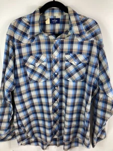 WRANGLER Western Plaid XL Shirt Long Sleeve Pearl Snap Buttons Blue White Black - Picture 1 of 7